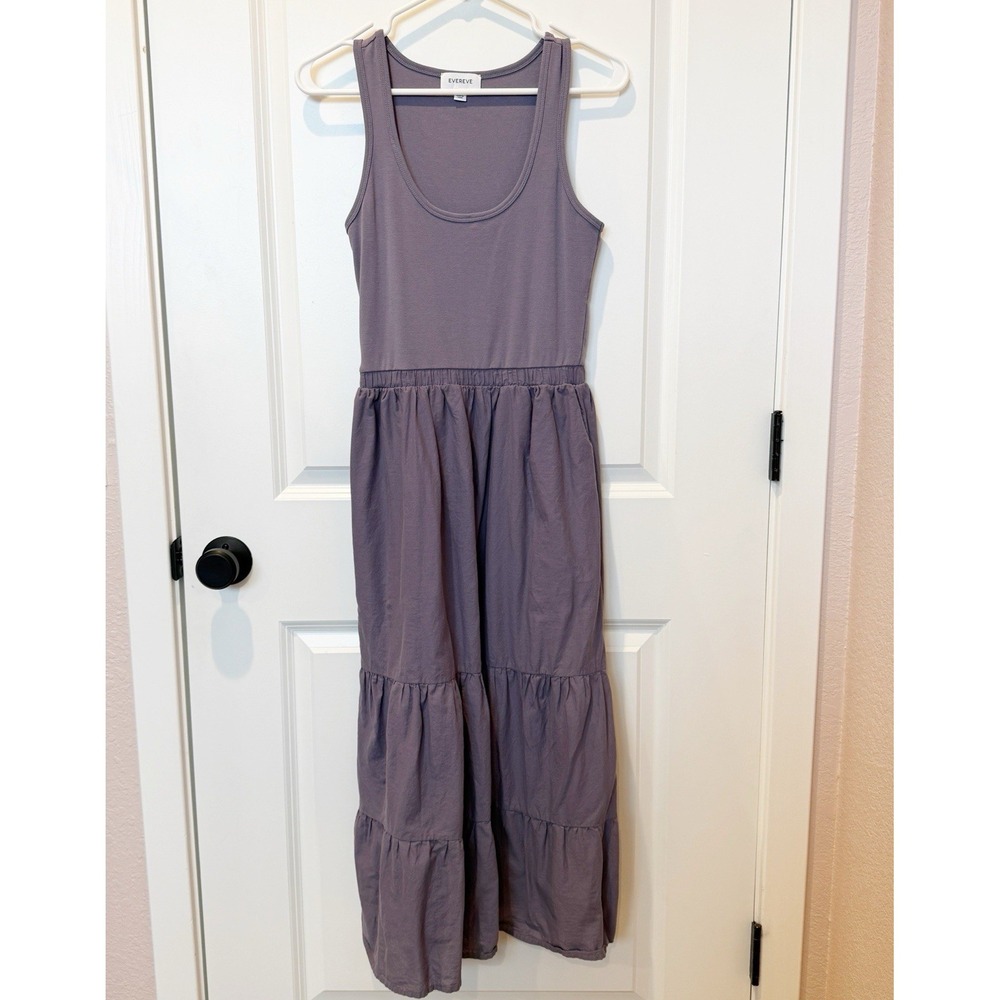 Evereve Purple Tiered Midi Tank Dress XS Casual‎ Minimalist Vacation Resort Chic